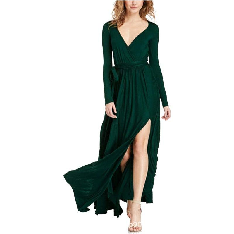 Sexy Deep V Neck Long Party Dresses-Green-S-Free Shipping Leatheretro