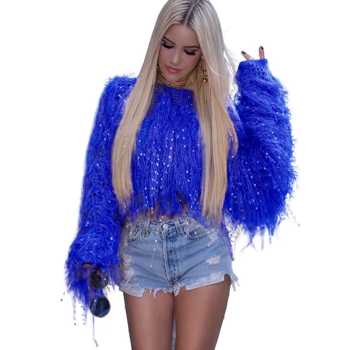 Fashion Hand Made Tassels Pullover Sweaters-Blue-S-Free Shipping Leatheretro