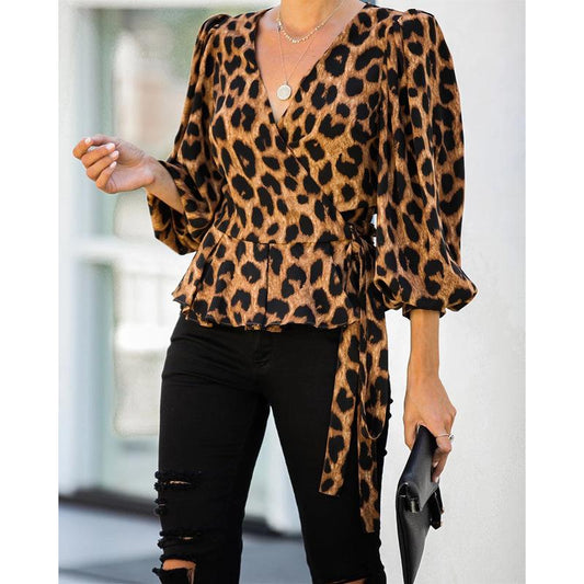 Women V Neck Long Sleeves Leopard Blouses-Blouses-Red-S-Free Shipping Leatheretro