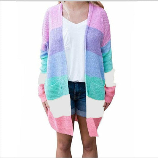 Women Rainbow Color Knitting Cardigan Sweaters-Shirts & Tops-Rainbow-S-Free Shipping Leatheretro