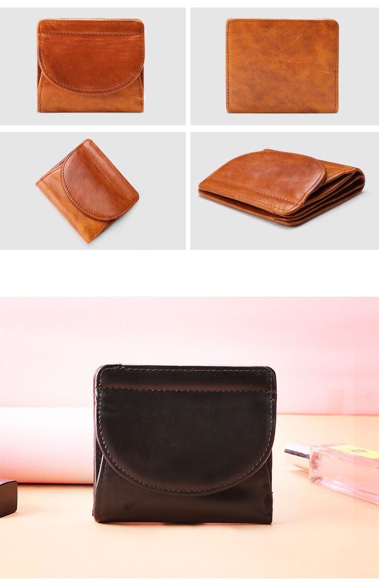 Women Vintage RFID Fodable Small Leather Purses K061-Leather Wallets-Black-Free Shipping Leatheretro