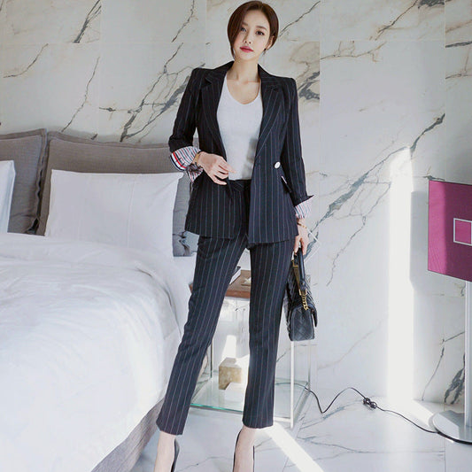 Fashion Black Striped Office Lady Outfits Sets-Suits-Black-S-Free Shipping Leatheretro