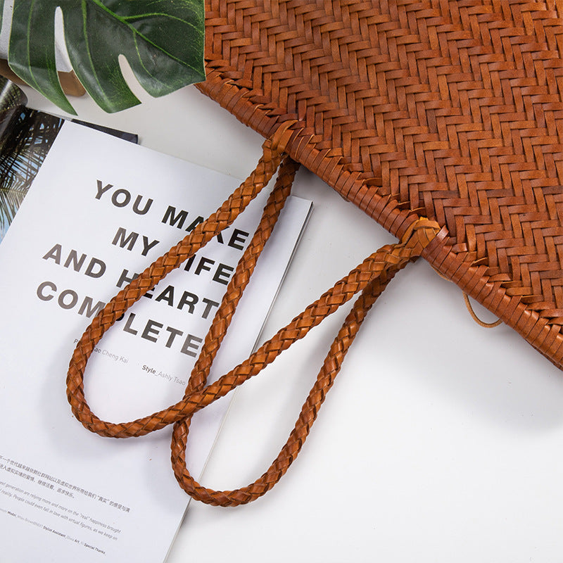 Handmade Woven Cowhide Leather Tote Bags for Women-Handbag & Wallet Accessories-Coffee-Free Shipping Leatheretro