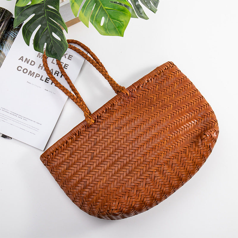 Handmade Woven Cowhide Leather Tote Bags for Women-Handbag & Wallet Accessories-Coffee-Free Shipping Leatheretro