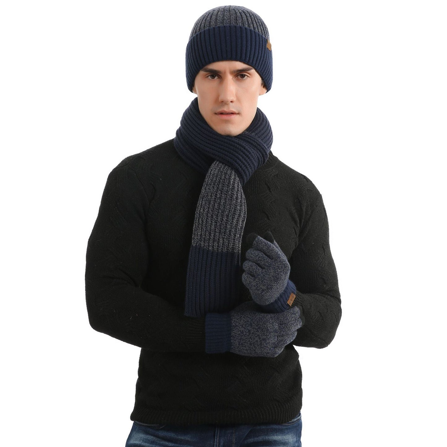 Winter Men's Warm Hats+Gloves+Scarf Sets-Hats-Navy Blue-Free Shipping Leatheretro
