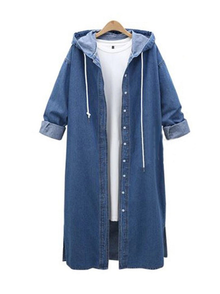 Women Long Sleeves Denim Long Windcoat-Outerwear-Dark Blue-L-Free Shipping Leatheretro