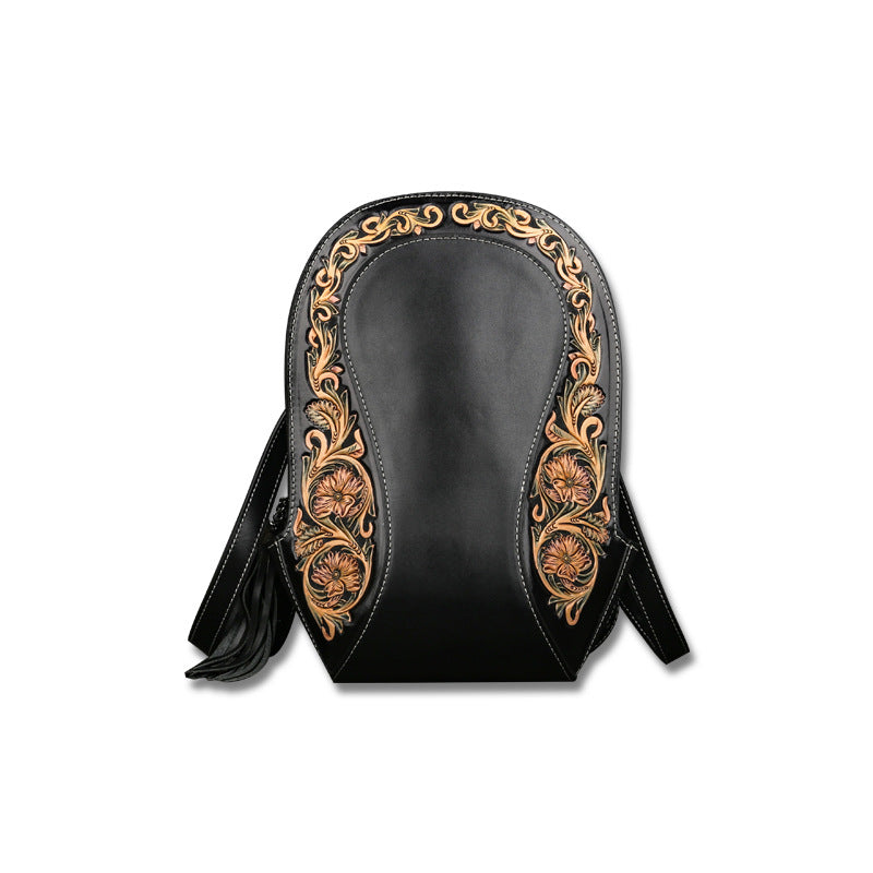 Luxury Engraved Cowhide Leaher Backpack 9027-Backpack-Black-Free Shipping Leatheretro