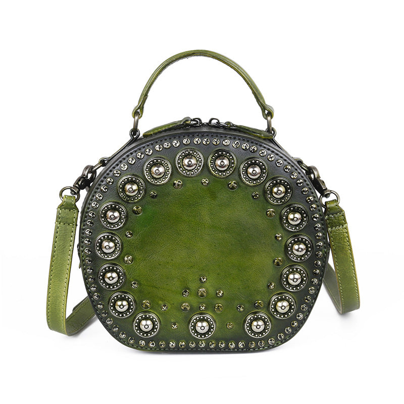 Vintage Handmade Rivet Cute Round Shape Leather Bags 8093-Leather Bags for Women-Red-Free Shipping Leatheretro