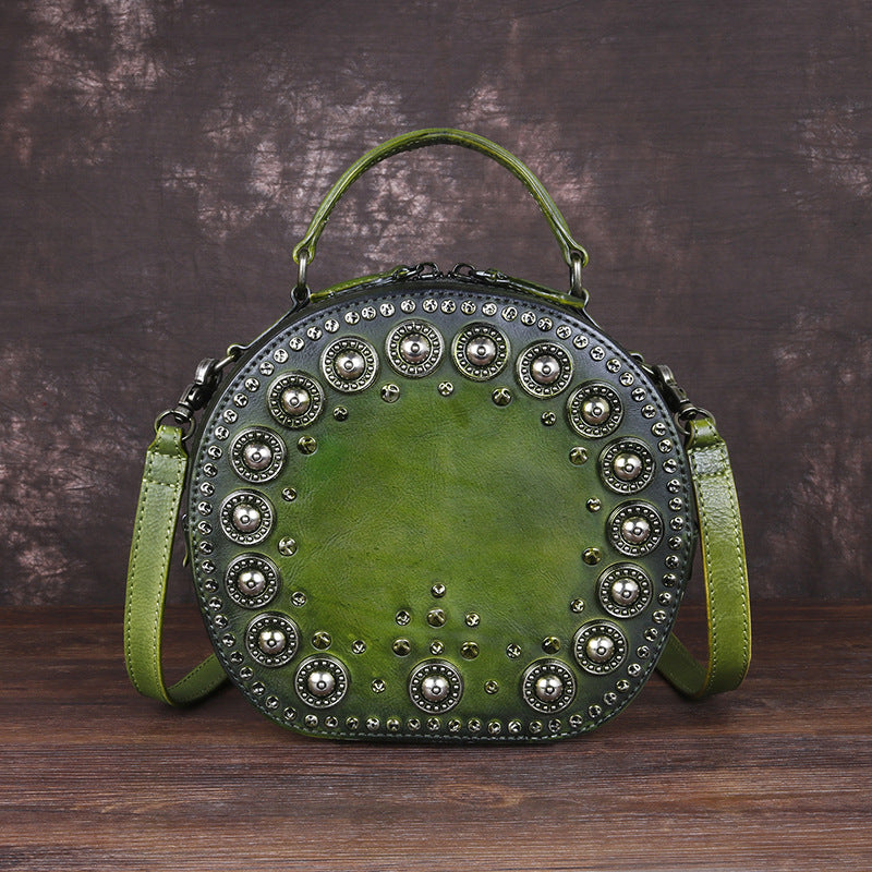 Vintage Handmade Rivet Cute Round Shape Leather Bags 8093-Leather Bags for Women-Red-Free Shipping Leatheretro
