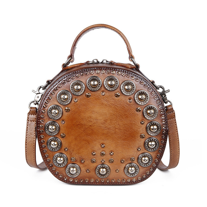 Vintage Handmade Rivet Cute Round Shape Leather Bags 8093-Leather Bags for Women-Red-Free Shipping Leatheretro