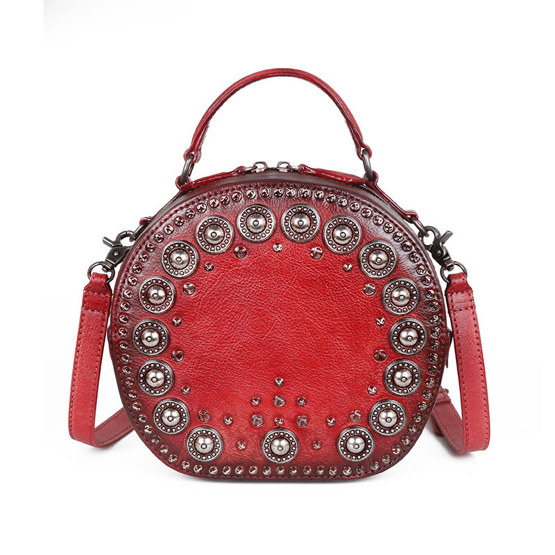 Vintage Handmade Rivet Cute Round Shape Leather Bags 8093-Leather Bags for Women-Red-Free Shipping Leatheretro