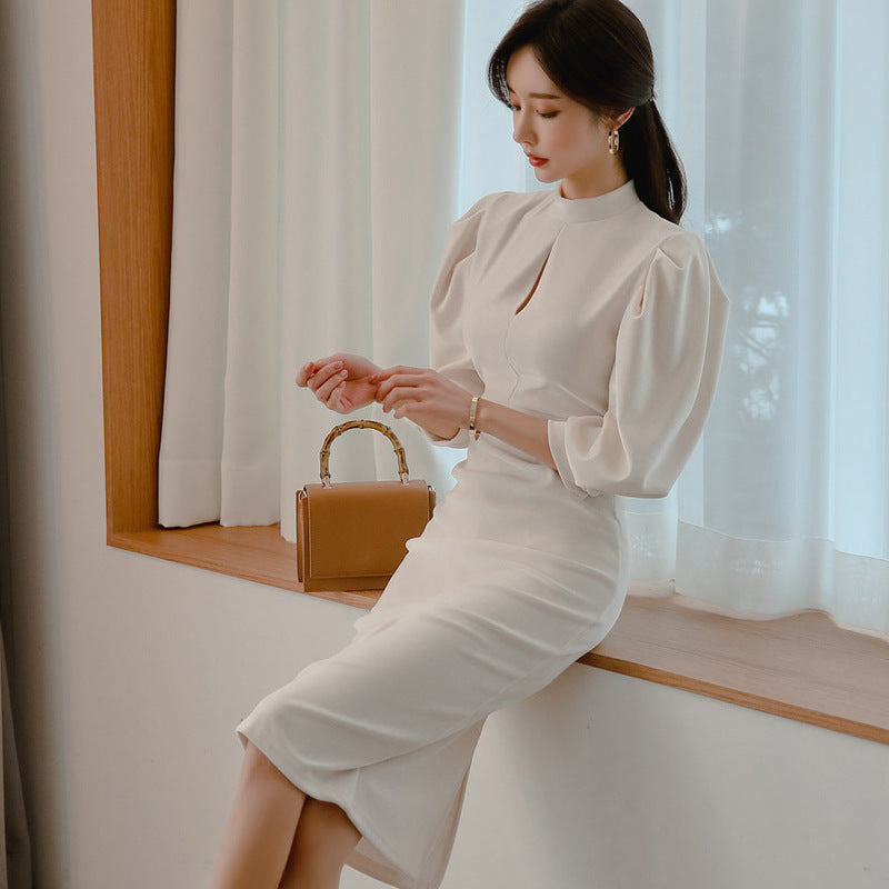 Elegant High Neck Puff Sleeves Sexy Dresses for Women-Dresses-White-S-Free Shipping Leatheretro