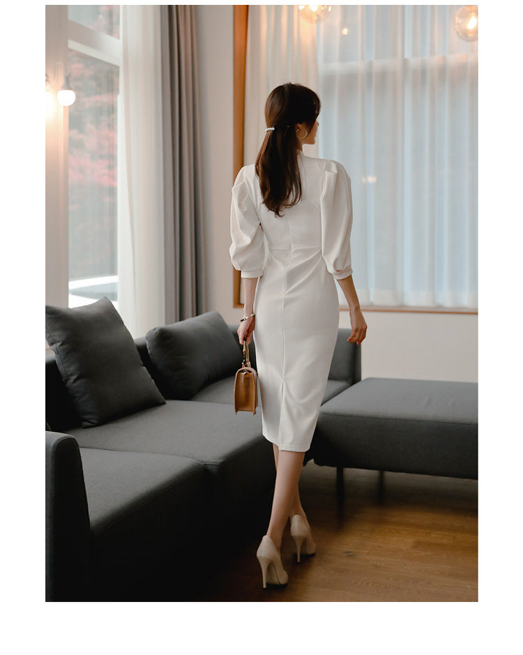Elegant High Neck Puff Sleeves Sexy Dresses for Women-Dresses-White-S-Free Shipping Leatheretro