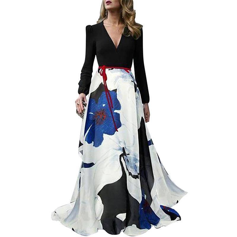Plus Sizes V Neck Long Sleeves Dresses with Belt-Maxi Dresses-The same as picture-S-Free Shipping Leatheretro
