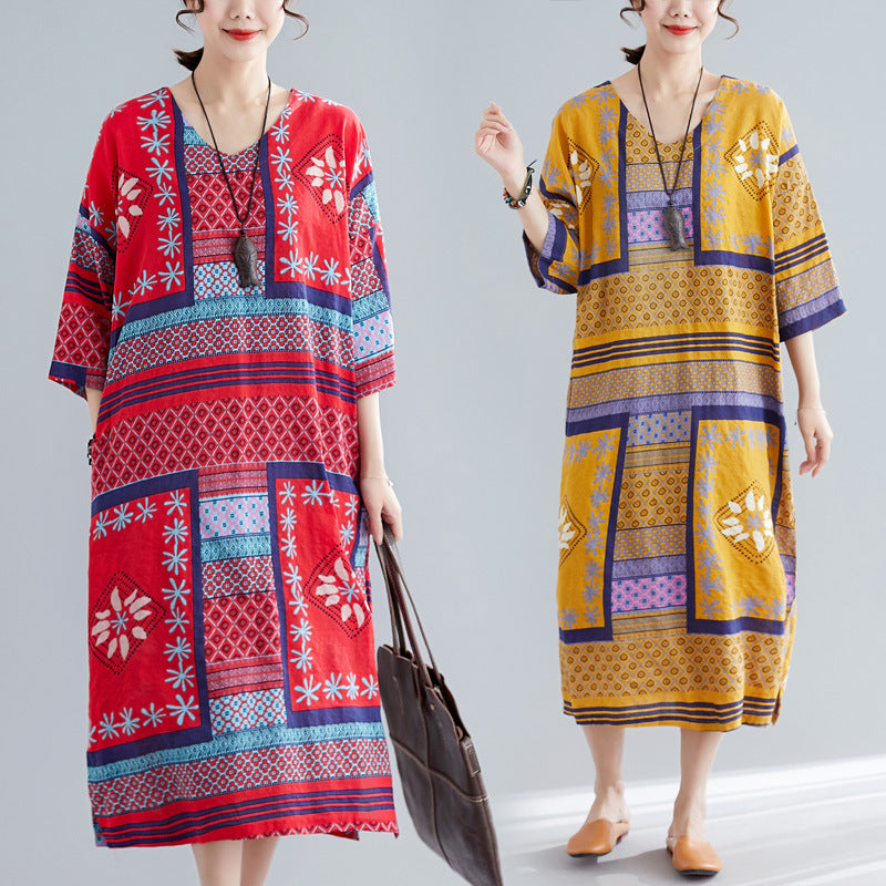 Ethnic Summer Linen Plus Sizes Dresses-Dresses-Red-One Size-Free Shipping Leatheretro