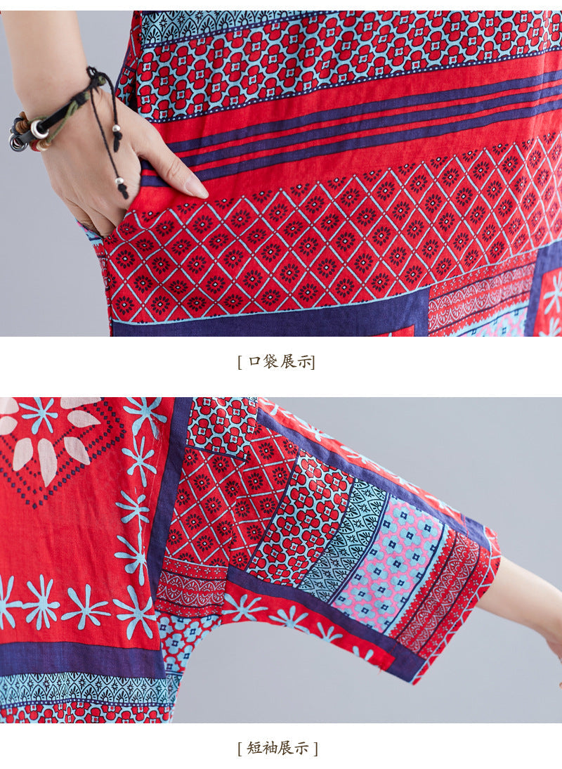 Ethnic Summer Linen Plus Sizes Dresses-Dresses-Red-One Size-Free Shipping Leatheretro