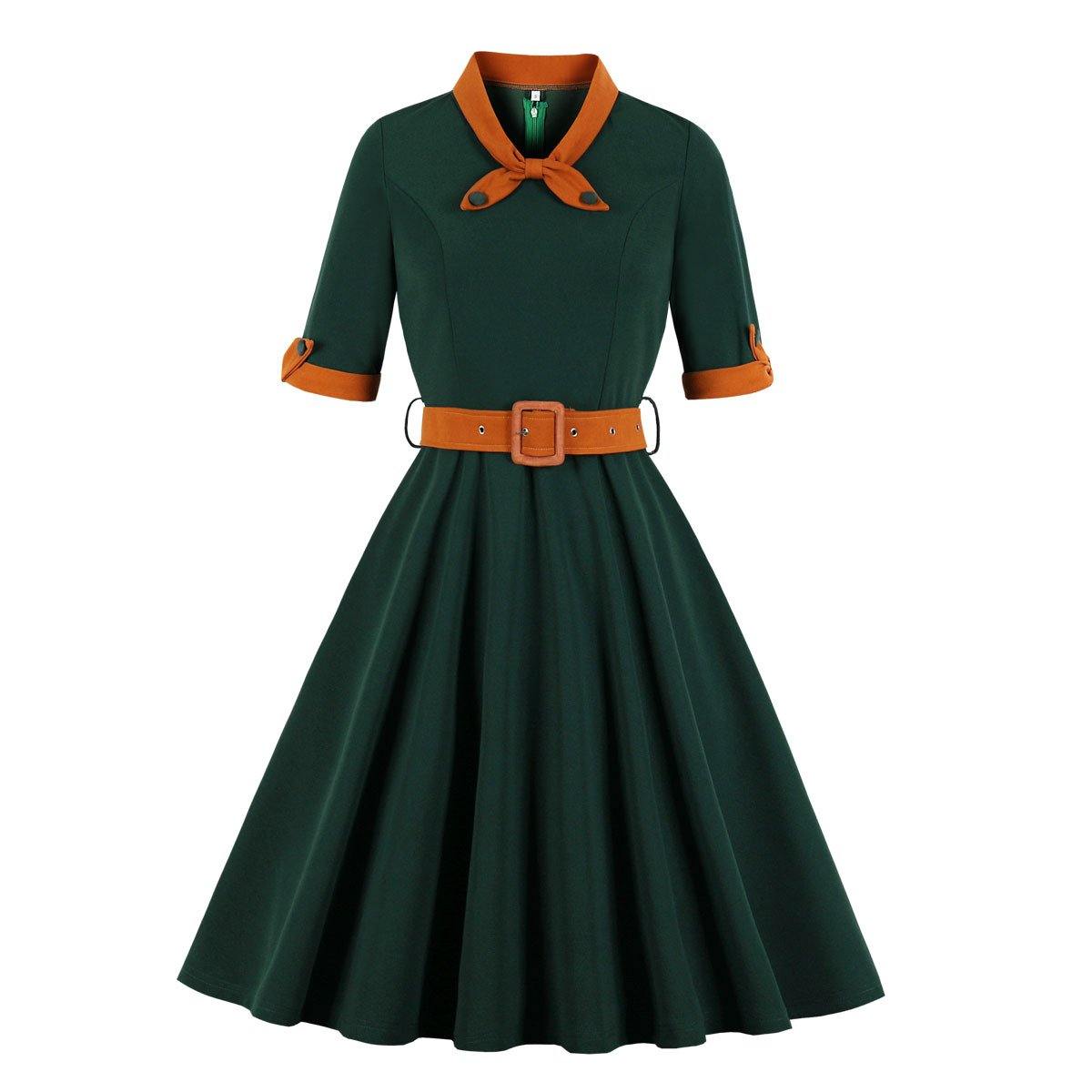 Women Vintage Short Sleeves Midi Dresses-Vintage Dresses-Green-S-Free Shipping Leatheretro