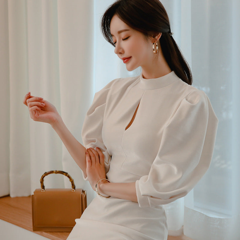 Elegant High Neck Puff Sleeves Sexy Dresses for Women-Dresses-White-S-Free Shipping Leatheretro