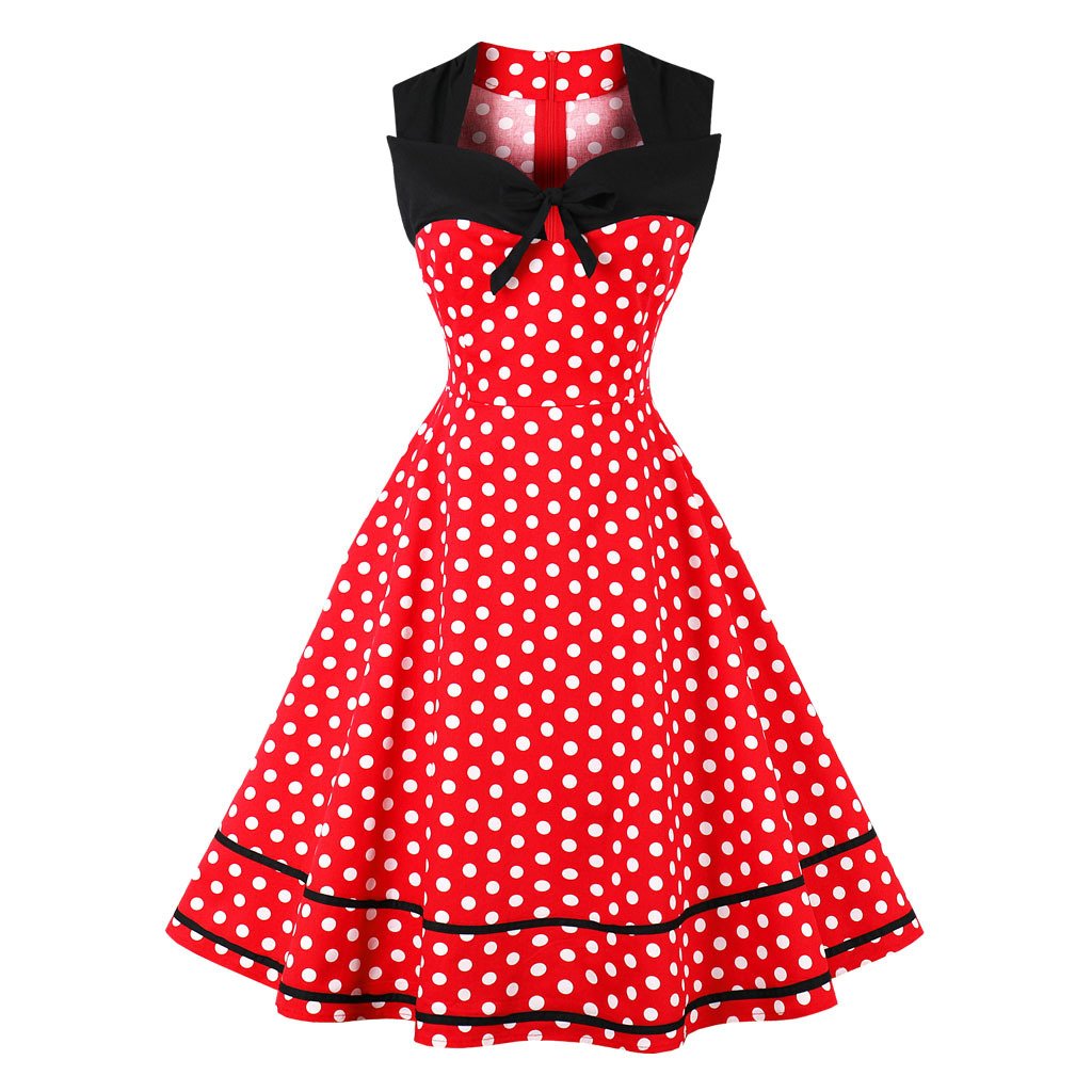Women Square Neckline Sleeveless Plus Sizes Vintage Dresses-Vintage Dresses-Red Dot-S-Free Shipping Leatheretro