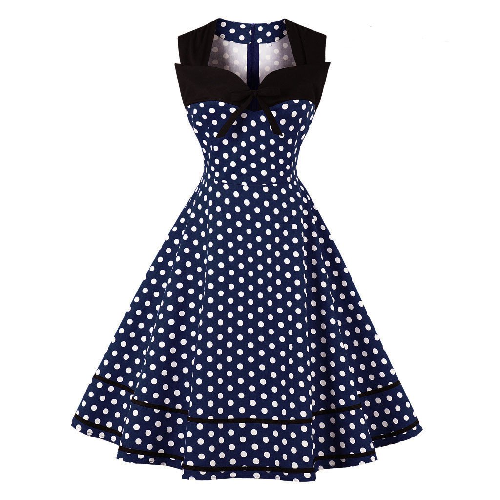Women Square Neckline Sleeveless Plus Sizes Vintage Dresses-Vintage Dresses-Navy Blue Dot-S-Free Shipping Leatheretro