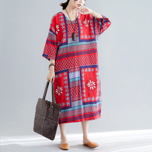 Ethnic Summer Linen Plus Sizes Dresses-Dresses-Red-One Size-Free Shipping Leatheretro