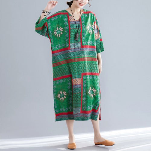 Ethnic Summer Linen Plus Sizes Dresses-Dresses-Green-One Size-Free Shipping Leatheretro