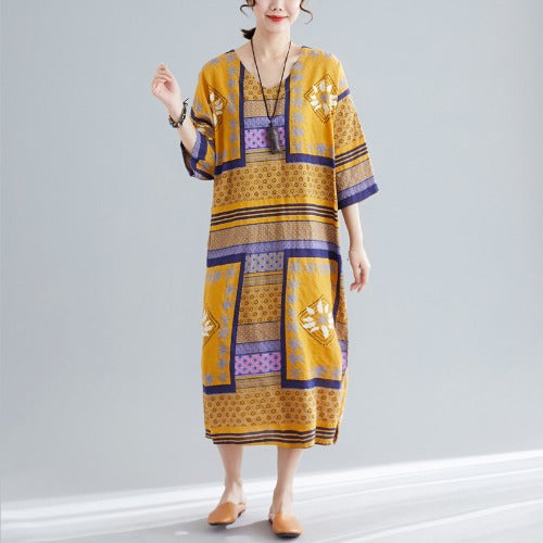 Ethnic Summer Linen Plus Sizes Dresses-Dresses-Yellow-One Size-Free Shipping Leatheretro