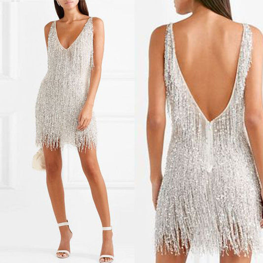 Sexy Tassels Mini Women Party Dresses-Dresses-Silver-S-Free Shipping Leatheretro