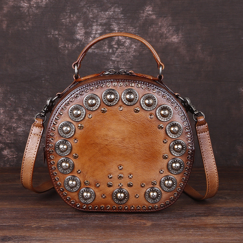 Vintage Handmade Rivet Cute Round Shape Leather Bags 8093-Leather Bags for Women-Red-Free Shipping Leatheretro