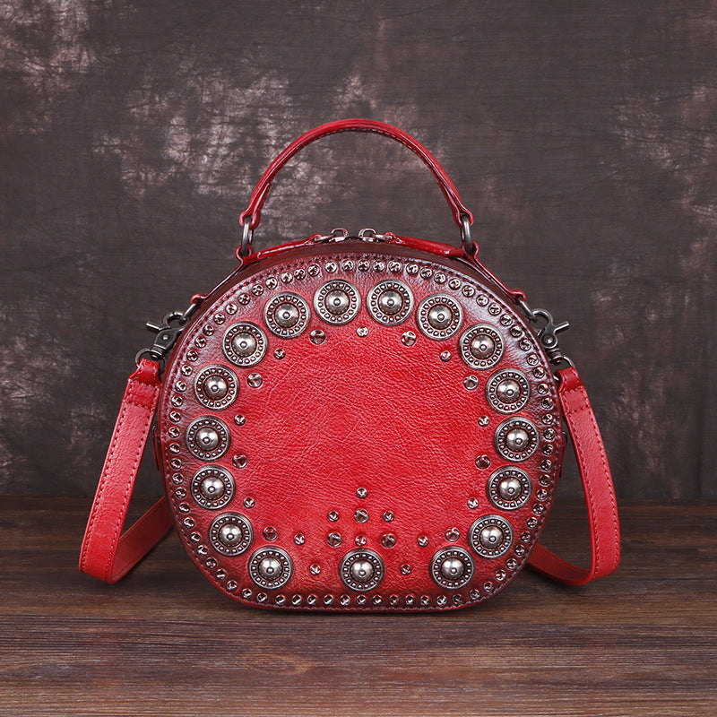 Vintage Handmade Rivet Cute Round Shape Leather Bags 8093-Leather Bags for Women-Red-Free Shipping Leatheretro