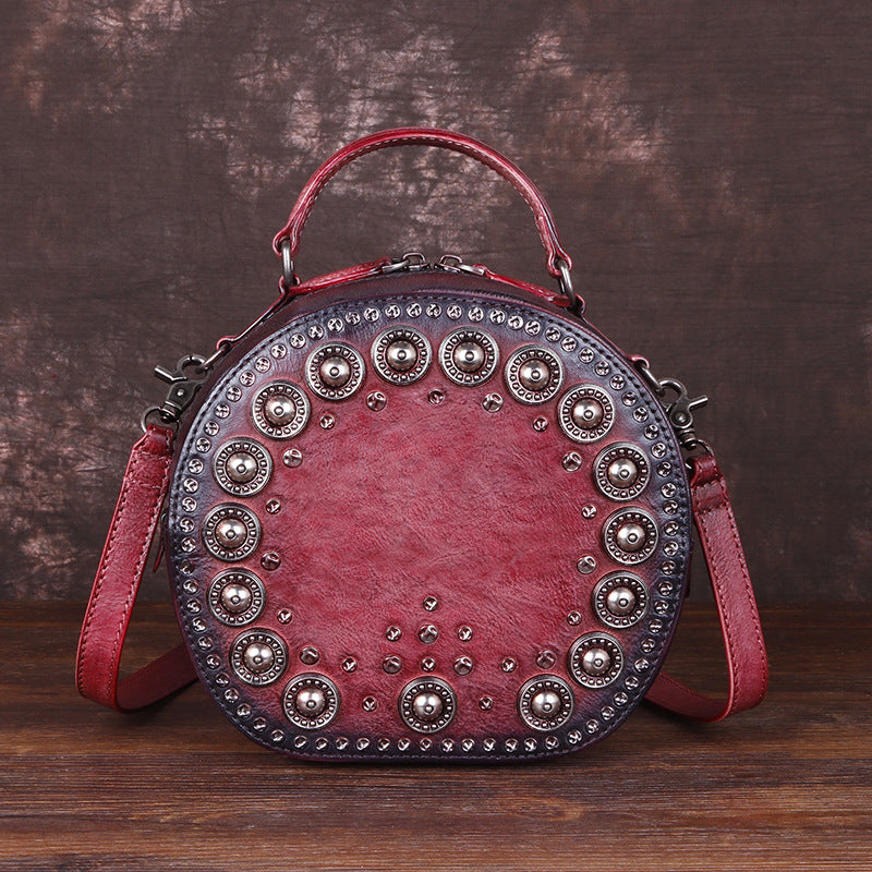 Vintage Handmade Rivet Cute Round Shape Leather Bags 8093-Leather Bags for Women-Red-Free Shipping Leatheretro