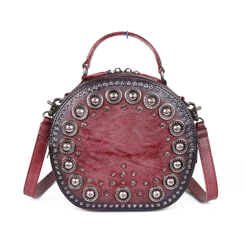 Vintage Handmade Rivet Cute Round Shape Leather Bags 8093-Leather Bags for Women-Red-Free Shipping Leatheretro