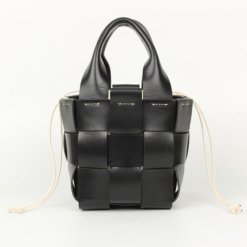 Handmade Leather Woven Bucket Handbags for Women B005-Handbags, Wallets & Cases-Black-Free Shipping Leatheretro