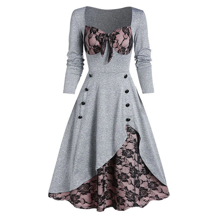 Vintage Middle Age Lace Long Sleeves Dresses for Women-Dresses-Gray-L-Free Shipping Leatheretro