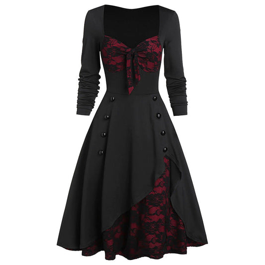 Vintage Middle Age Lace Long Sleeves Dresses for Women-Dresses-Wine Red-L-Free Shipping Leatheretro