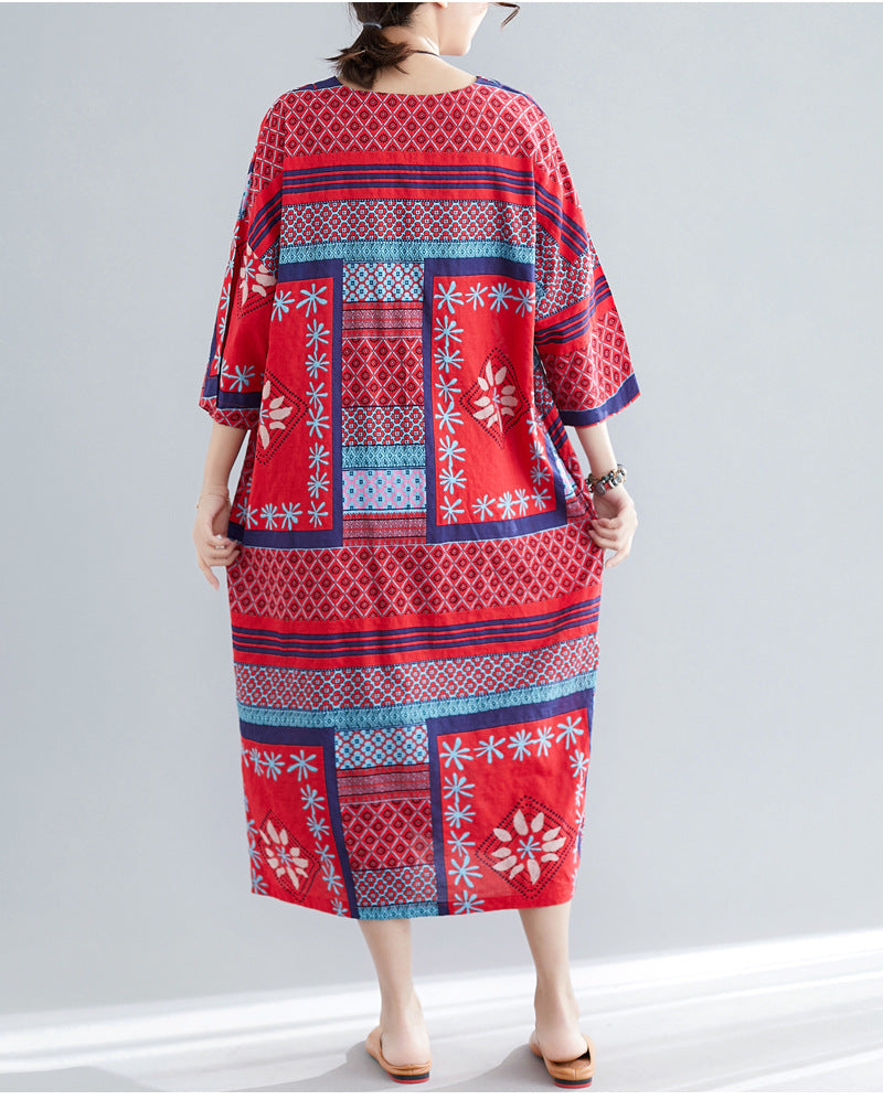 Ethnic Summer Linen Plus Sizes Dresses-Dresses-Red-One Size-Free Shipping Leatheretro