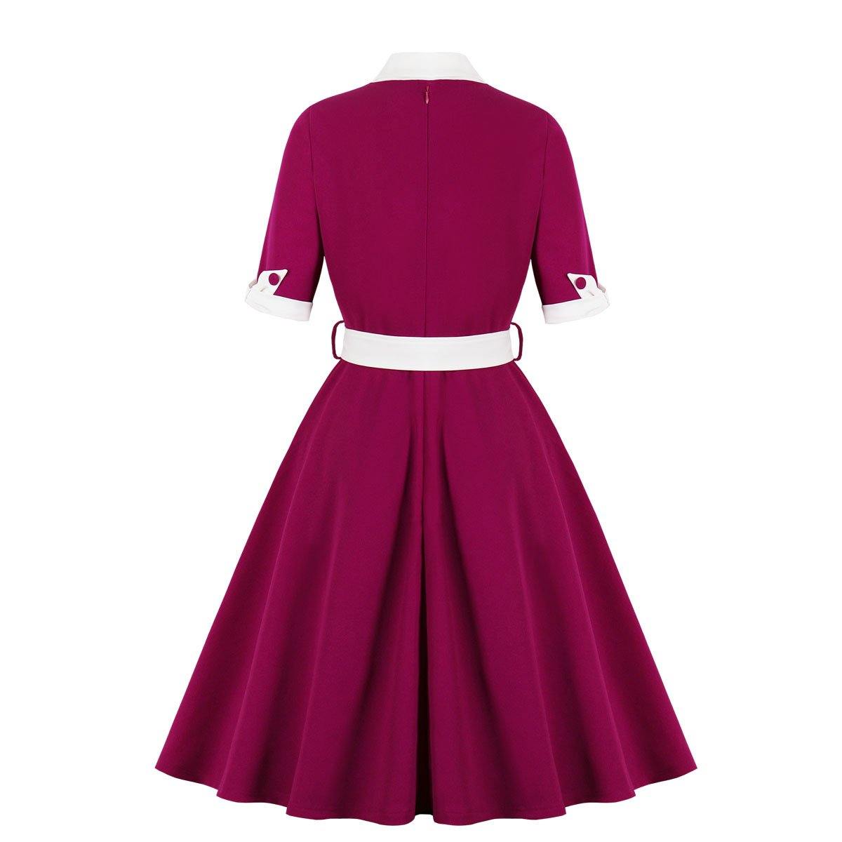 Women Vintage Short Sleeves Midi Dresses-Vintage Dresses-Purple-S-Free Shipping Leatheretro