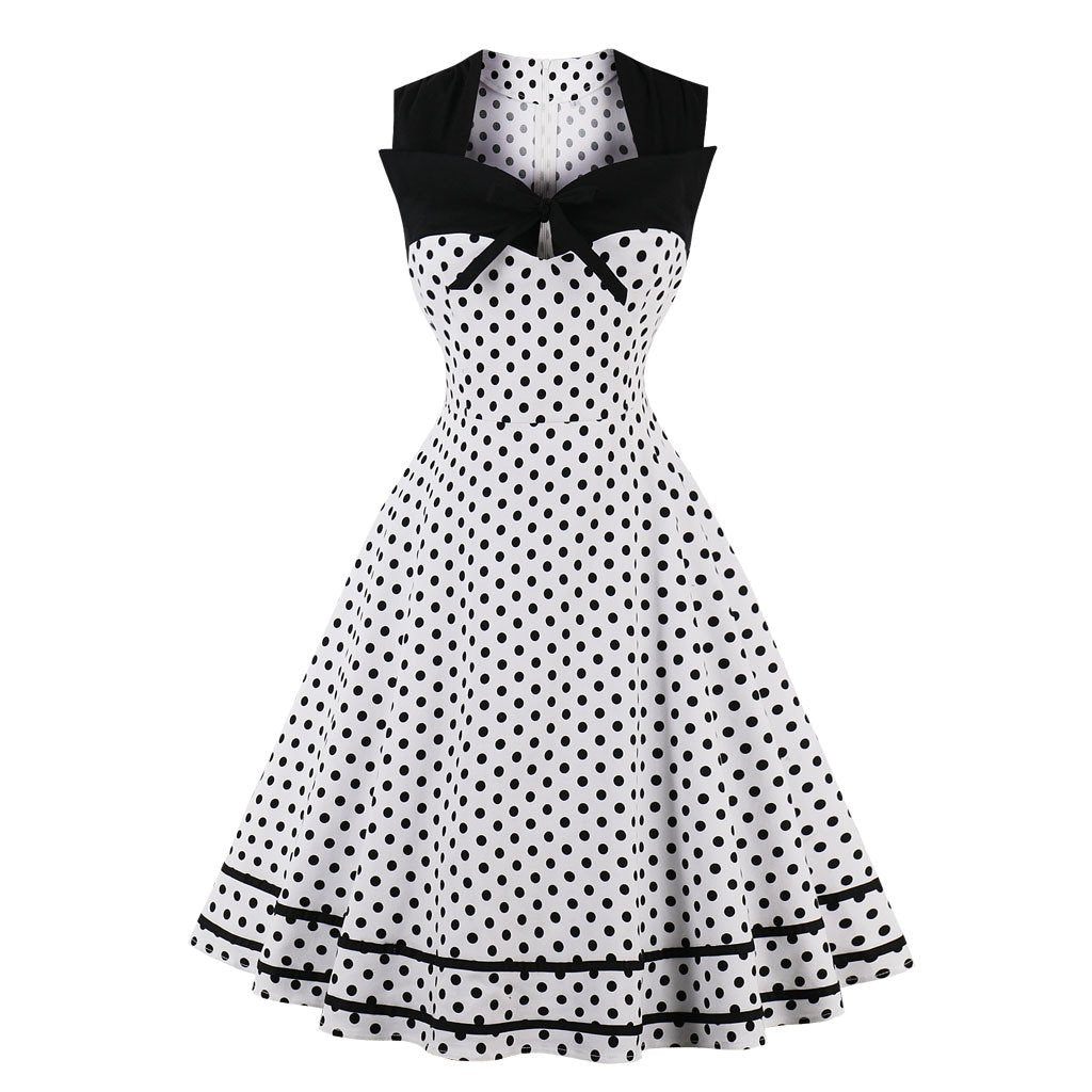 Women Square Neckline Sleeveless Plus Sizes Vintage Dresses-Vintage Dresses-White Dot-S-Free Shipping Leatheretro