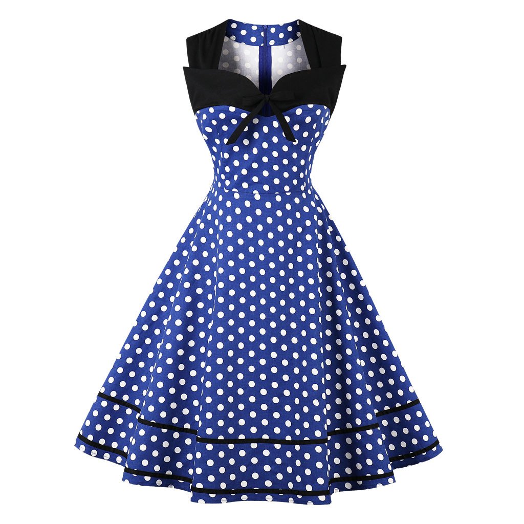 Women Square Neckline Sleeveless Plus Sizes Vintage Dresses-Vintage Dresses-Blue Dot-S-Free Shipping Leatheretro