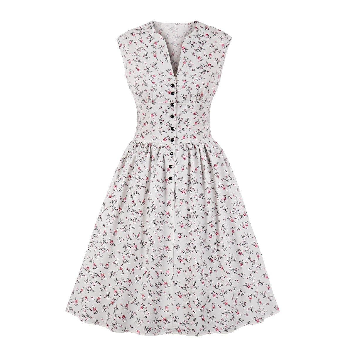 Women V Neck Floral Print High Waist Vintage Dresses with Button-Vintage Dresses-White-S-Free Shipping Leatheretro