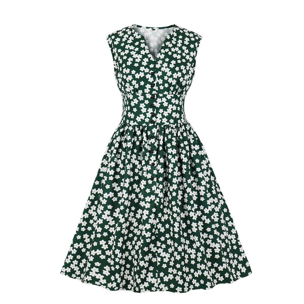 Women V Neck Floral Print High Waist Vintage Dresses with Button-Vintage Dresses-Green-S-Free Shipping Leatheretro
