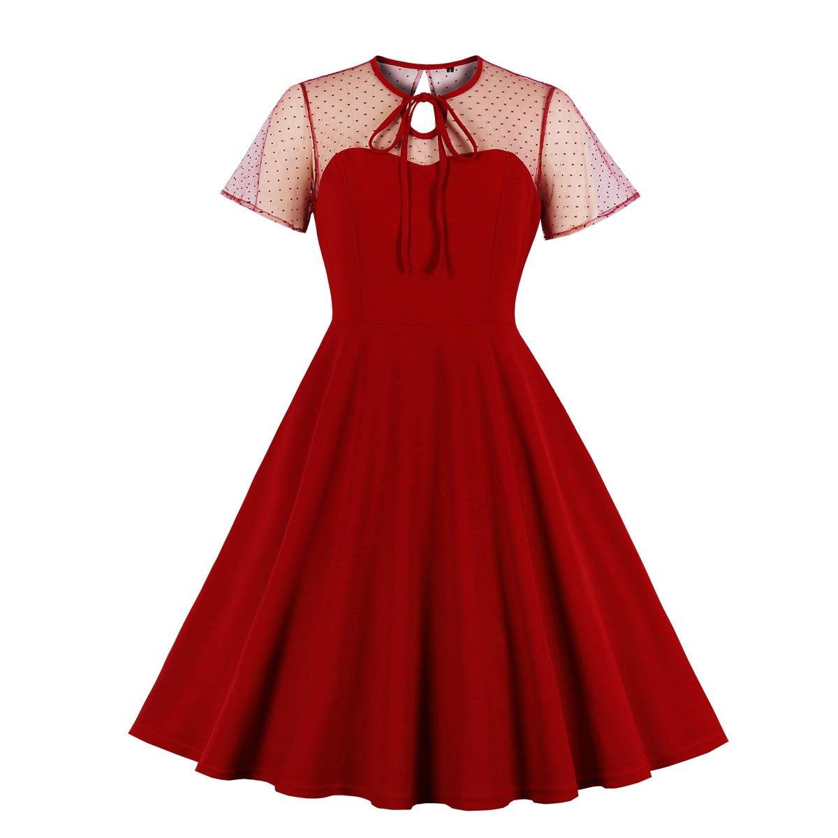 Retro Women Short Sleeves Dreses-Vintage Dresses-Wine Red-S-Free Shipping Leatheretro