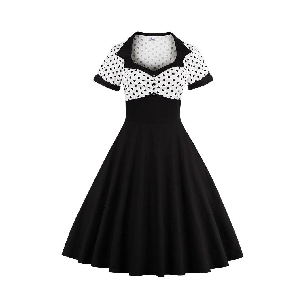 Square Neckline Dot Print Plus Size Retro Dresses-Vintage Dresses-White-S-Free Shipping Leatheretro