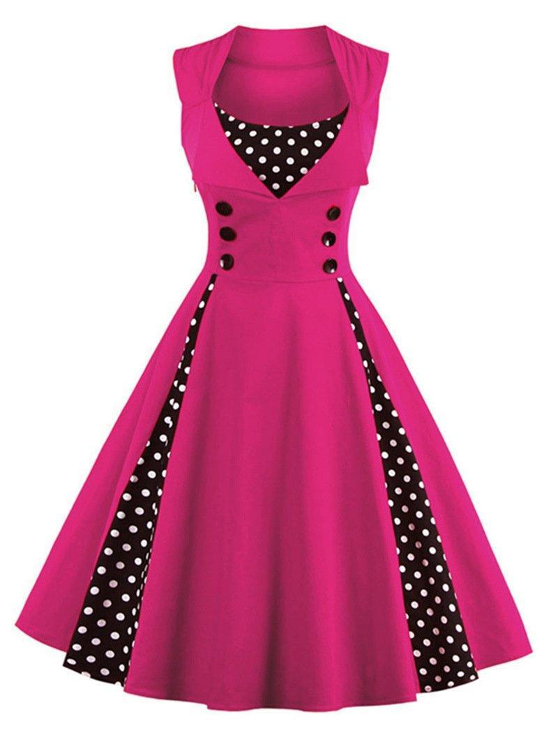 Women Vintage Sleeveless Midi Length Dresses-Vintage Dresses-Rose Red-S-Free Shipping Leatheretro
