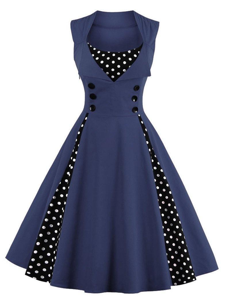 Women Vintage Sleeveless Midi Length Dresses-Vintage Dresses-Dark Blue-S-Free Shipping Leatheretro