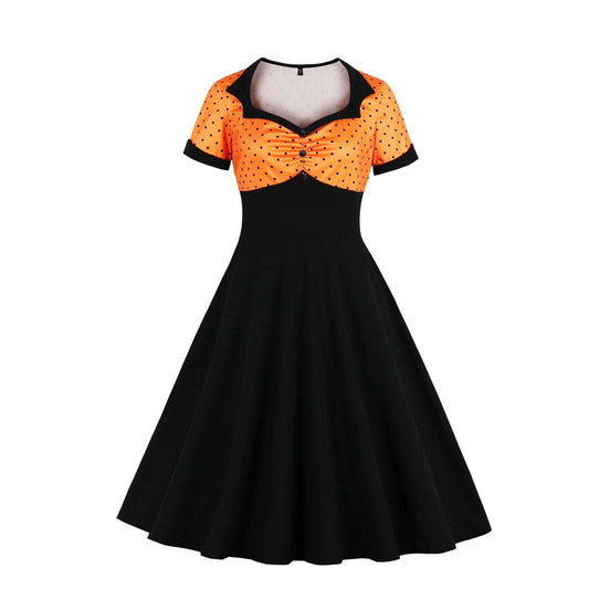 Square Neckline Dot Print Plus Size Retro Dresses-Vintage Dresses-Orange-S-Free Shipping Leatheretro
