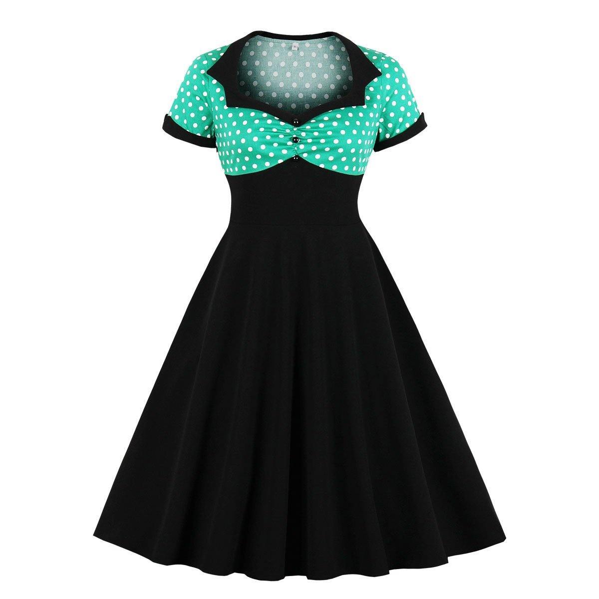 Square Neckline Dot Print Plus Size Retro Dresses-Vintage Dresses-Green-S-Free Shipping Leatheretro