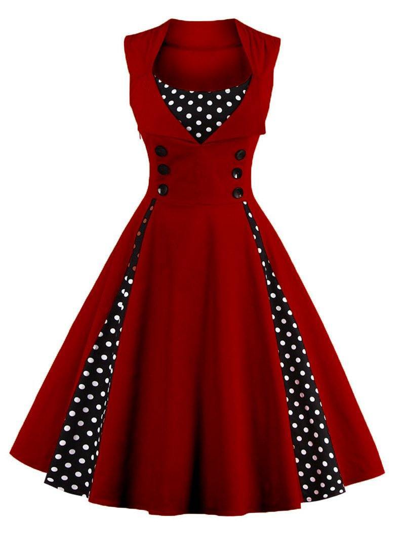 Women Vintage Sleeveless Midi Length Dresses-Vintage Dresses-Wine Red-S-Free Shipping Leatheretro
