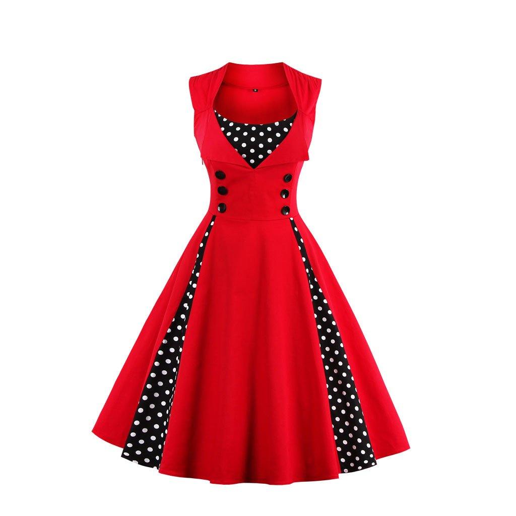 Women Vintage Sleeveless Midi Length Dresses-Vintage Dresses-Red-S-Free Shipping Leatheretro