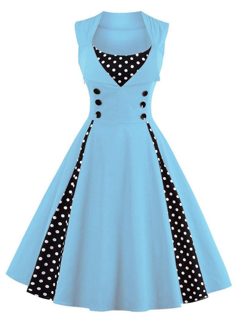 Women Vintage Sleeveless Midi Length Dresses-Vintage Dresses-Light Blue-S-Free Shipping Leatheretro